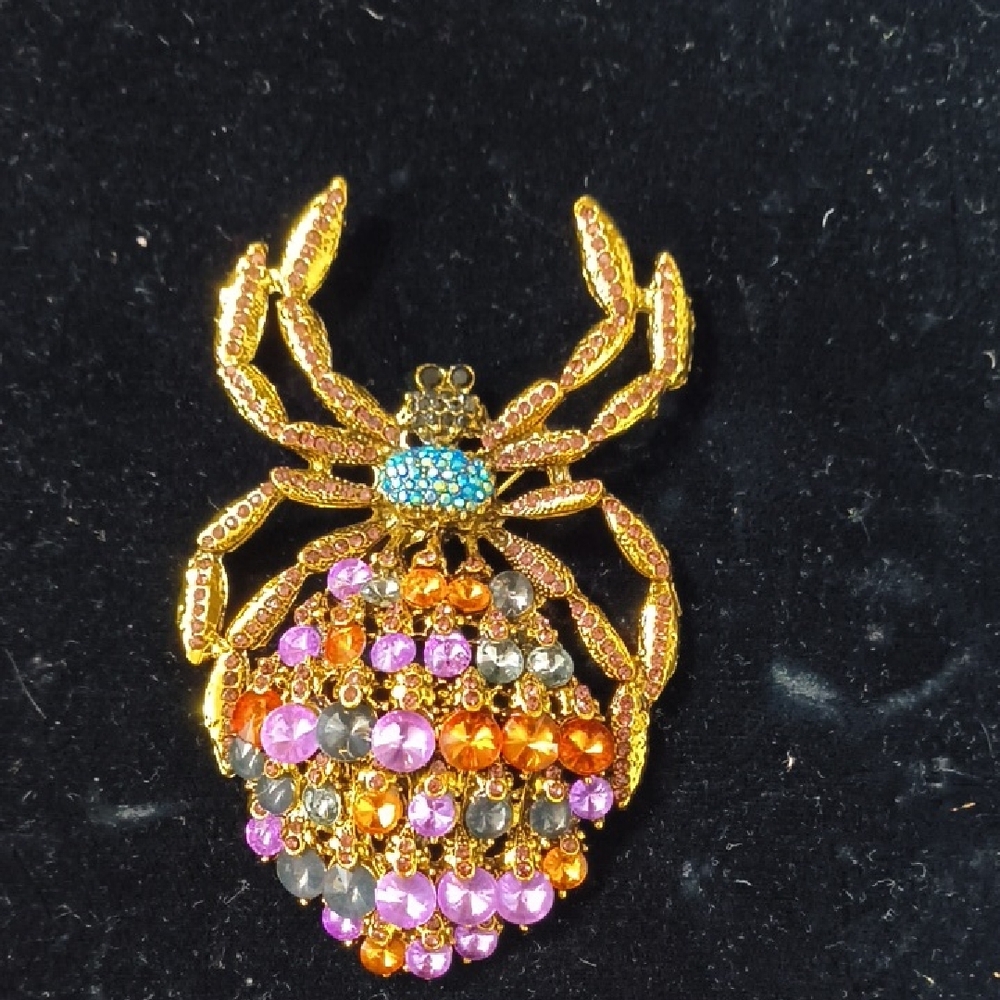 Elegant Gold and Multicolor Crystal Spider Brooch